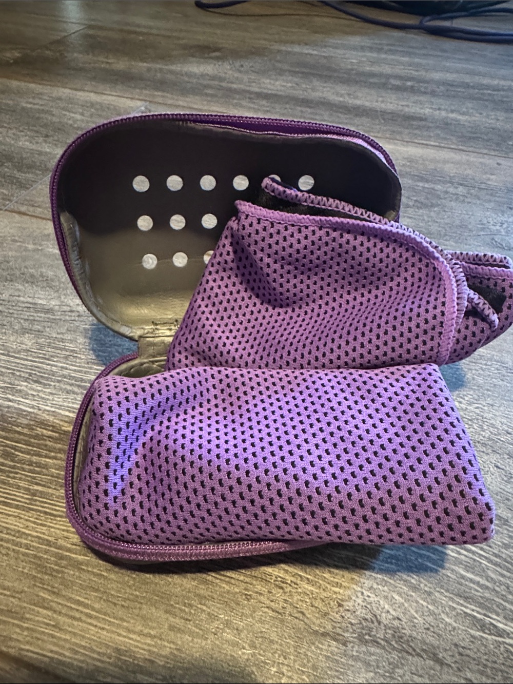 Purple Gym Towel and Gray Hard Shell Pouch with Purple Trim
